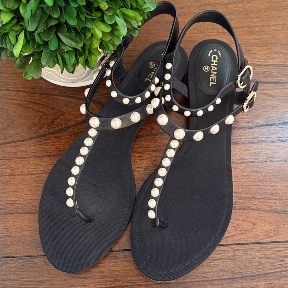 CHANEL Black Pearl-Studded T-Strap Sandals